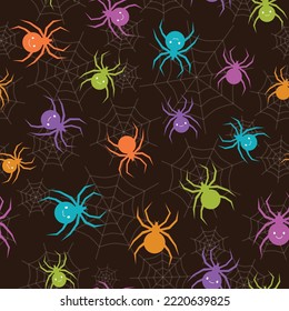 vector Colorful Halloween Spiders seamless, repeat pattern background. Perfect for Halloween themed gift wrapping, scrapbook, Banner, flyer, poster, invitation, postcard projects