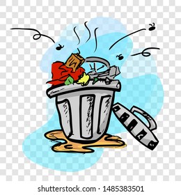 Vector colorful Hand Draw Sketch of dirty stink and nasty trash bin with flies, with light blue wave abstract at transparent effect background
