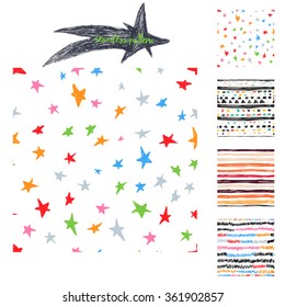 Vector colorful hand drawing cute samless patterns backgrounds set with stars, stripes and zig zags.