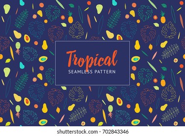 Vector colorful hand drawing tropical plants and fruits seamless pattern background.