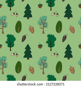 Vector colorful hand drawn cartoon coppice trees elements seamless pattern with cones, hazelnuts, acorns. Nature painted print design for apparel, textile, fabric, wrapping paper, wallpaper, packaging