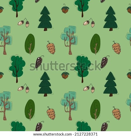 Vector colorful hand drawn cartoon coppice trees elements seamless pattern with cones, hazelnuts, acorns. Nature painted print design for apparel, textile, fabric, wrapping paper, wallpaper, packaging