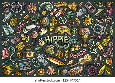 Vector colorful hand drawn doodle cartoon set of Hippie objects and symbols