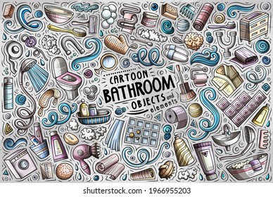 Vector colorful hand drawn doodle cartoon set of Bathroom objects and symbols