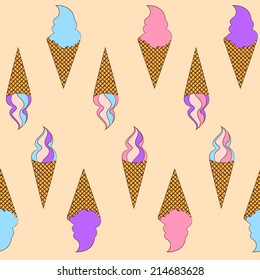 Vector colorful hand drawn doodle cartoon waffle cone ice cream isolated on white seamless pattern