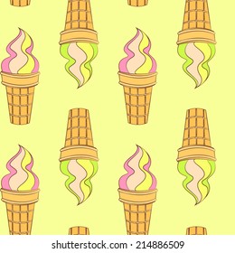 Vector colorful hand drawn doodle cartoon waffle cone ice cream seamless pattern