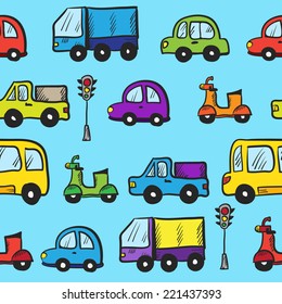 Vector colorful hand drawn doodle cartoon cars seamless pattern