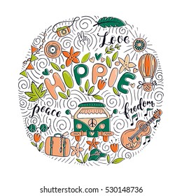 Vector colorful  hand drawn doodle  set of hippie objects and symbols with lettering.This illustration can be used as a print on t-shirts and bags, stationary or as a poster.