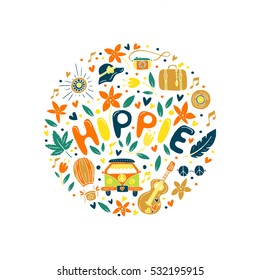 Vector colorful  hand drawn doodle  set of hippie objects and symbols with lettering.This illustration can be used as a print on t-shirts and bags, stationary or as a poster.
