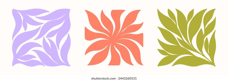 Vector colorful hand drawn floral square compositions.Hand drawn organic abstract shapes.Trendy contemporary art perfect for prints,flyers,banners,fabriс,branding design,covers.