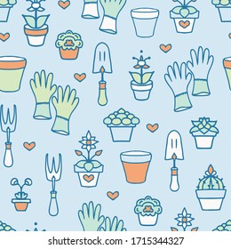 Vector Colorful Hand Drawn Garden Accessories on Green seamless pattern background.