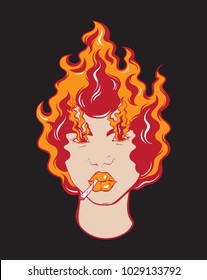 Vector colorful  hand drawn illustration of girl with fire and cigarette.  Tattoo artwork made in 90's style. Template for card, poster, banner, print for t-shirt, textiles, badge, sticker, pin. 