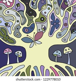 Vector colorful hand drawn illustration of psychedelic abstract tree, flowers, leaves, dots, mushrooms, background Decorative artistic creative picture, line drawing. Picture for coloring