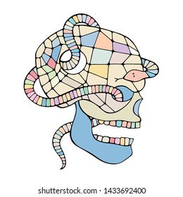 Vector colorful hand drawn illustration, vector skull with snake  silhouette face of human Skull horror illustration Hand drawn day of the dead Mexico halloween Sketch vector drawing silhouette