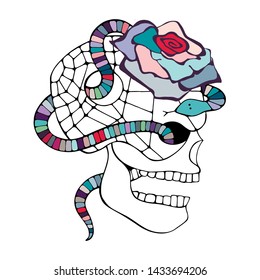 Vector colorful hand drawn illustration, vector skull with snake  silhouette face of human Skull horror illustration Hand drawn day of the dead Mexico halloween Sketch vector drawing silhouette skull