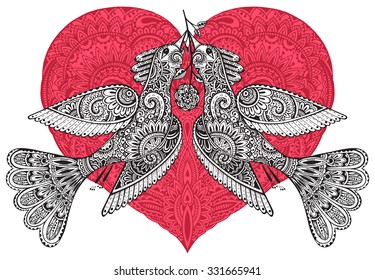 Vector colorful hand drawn illustration of two ornamental fancy birds with ornate red heart on background. Greeting card for Saint Valentine