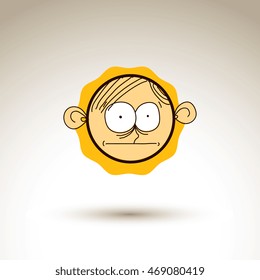Vector colorful hand drawn illustration of depressed cartoon boy isolated on white background, simple design element, web avatar idea. Facial expressions on teenager face. 
