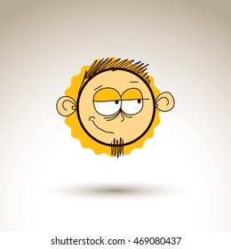 Vector colorful hand drawn illustration of doubtful cartoon boy isolated on white background, simple design element, web avatar idea. Facial expressions on teenager face. 
