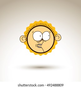 Vector colorful hand drawn illustration of curious cartoon boy isolated on white background, simple design element, web avatar idea. Facial expressions on teenager face. 