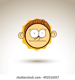 Vector colorful hand drawn illustration of curious cartoon boy isolated on white background, simple design element, web avatar idea. Facial expressions on teenager face. 
