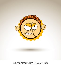 Vector colorful hand drawn illustration of angry cartoon boy isolated on white background, simple design element, web avatar idea. Facial expressions on teenager face. 
