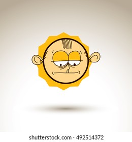 Vector colorful hand drawn illustration of sad cartoon boy isolated on white background, simple design element, web avatar idea. Facial expressions on teenager face. 