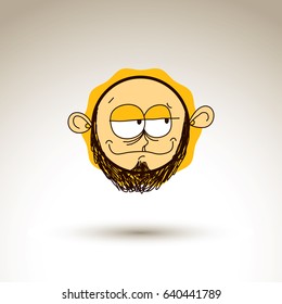 Vector colorful hand drawn illustration of cartoon smiling boy isolated on white background, simple design element, web avatar idea. Facial expressions on teenager face. 