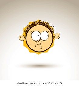 Vector colorful hand drawn illustration of cartoon boy isolated on white background, simple design element, web avatar idea. Facial expressions on teenager face. 