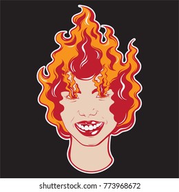 Vector colorful  hand drawn illustration of girl with fire.  Tattoo artwork made in 90's style. Template for card, poster, banner, print for t-shirt, textiles, badge, sticker, pin. 