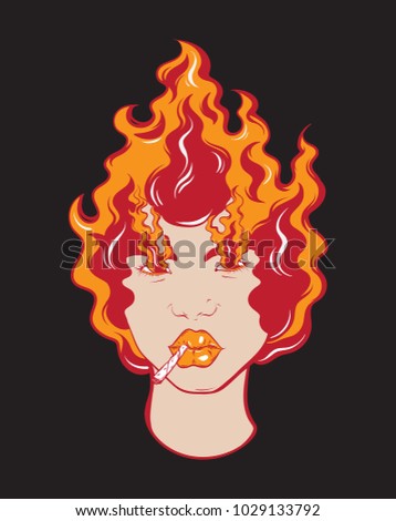 Vector colorful  hand drawn illustration of girl with fire and cigarette.  Tattoo artwork made in 90's style. Template for card, poster, banner, print for t-shirt, textiles, badge, sticker, pin. 