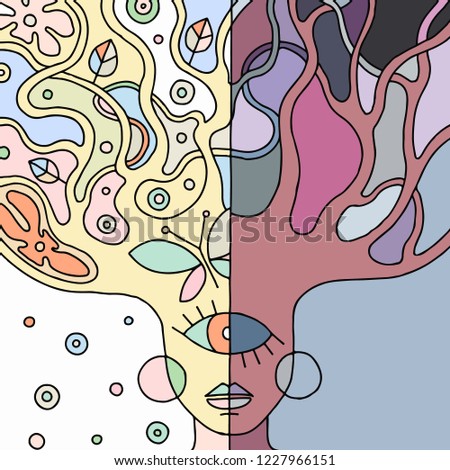 Vector colorful hand drawn illustration of psychedelic woman face with abstract tree, flowers, leaves, dots, butterfly, background Decorative artistic  picture for coloring, line drawing. 