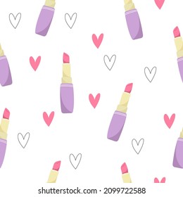 Vector colorful hand drawn  lipstick seamless pattern. Cartoon background fashion illustration with lipstick and hearts. Objects isolated on white. Cute valentines day concept background.