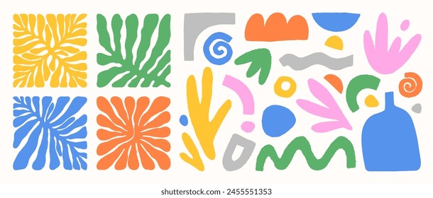 Formas estéticas de Matisse dibujadas a mano coloridas de Vector. Dibujado a mano Formas abstractas orgánicas. Gráfico contemporáneo de moda perfecto para estampados, volantes, Anuncios, с, diseño de marca, cubiertas.