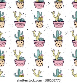 Vector colorful hand drawn seamless pattern with cactuses and succulents in pots on grunge texture. Modern scandinavian design