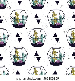 Vector colorful hand drawn seamless pattern with triangles, cactuses and succulents in terrariums on grunge texture. Modern scandinavian design