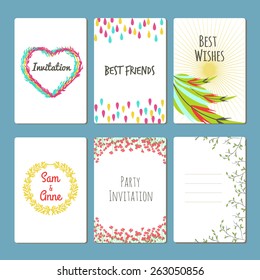 Vector colorful and hand drawn set of cute floral greeting cards and invitations. Holiday, wedding, marriage, bridal, birthday, save the date or valentine's day.