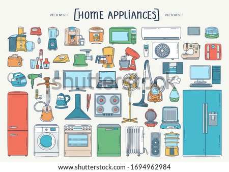 Vector colorful hand drawn set on the theme of home appliances. Isolated cartoon doodles of electronics. Line art