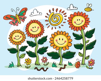 Vector colorido dibujado a mano carita sonriente ilustración floral con remolino solar y polilla. Adecuado para tarjetas de felicitación y murales de pared.