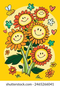 Vector colorido dibujado a mano carita sonriente ilustración de ramo de flores con corazones y estrellas curvas. Adecuado para tarjetas de felicitación y murales de pared.