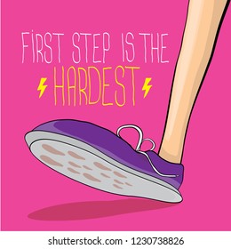 vector colorful hand drawn vintage hipster sneakers isolated on pink background with motivation quote "First step is the hardest"