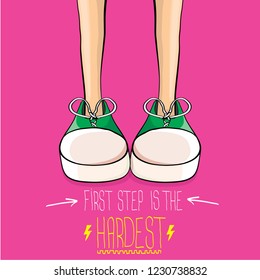 vector colorful hand drawn vintage hipster sneakers isolated on pink background with motivation quote "First step is the hardest"
