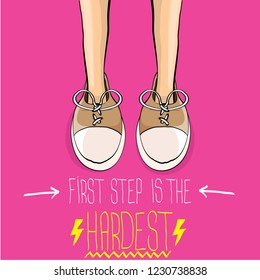 vector colorful hand drawn vintage hipster sneakers isolated on pink background with motivation quote "First step is the hardest"
