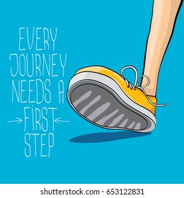 vector colorful  hand drawn vintage hipster sneakers isolated on blue background with motivation quote "Every journey needs a first step"