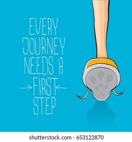vector colorful  hand drawn vintage hipster sneakers isolated on blue background with motivation quote "Every journey needs a first step"