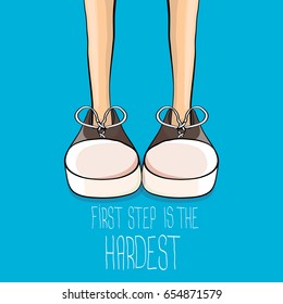 vector colorful hand drawn vintage hipster sneakers isolated on blue background with motivation quote First step is the hardest