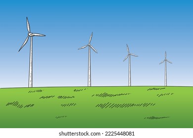 Vector Colorful Hand Drawn Wind turbine Towers with Blue Sky and Fresh Grass Green Energy Concept Vintage Style Illustration Wind Power Generators Field Clean Energy Industry Ecology Concept Landscape