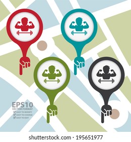 Vector : Colorful Hand Map Pointer With Gym or Sport Club Icon on POI Map Background