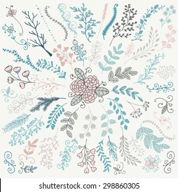Vector Colorful Hand Sketched Rustic Floral Doodle Decorative Branches, Swirls, Design Elements. Hand Drawing Vector Illustration. Discrete Brushes.