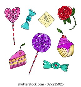 Vector colorful hand-drawn set of sweet pastry. Cake, candy, lollipops. On a white background