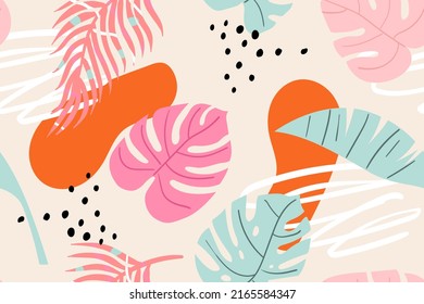 Vector colorful hand-drawn tropical seamless pattern. Modern print with tropical leaves, monstera, banana leaves, spots, dots and doodle.